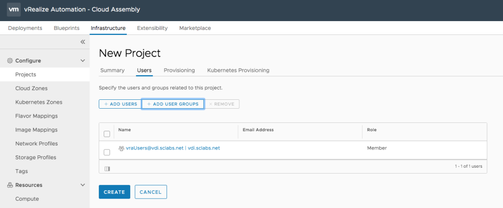 This image displays the "Users" tab in the "New Project" interface of the vRealize Automation 8 (vRA8) Cloud Assembly module. The tab is designed for specifying users and groups associated with the project. It features options to "+ ADD USERS" and "+ ADD USER GROUPS" as well as a button to remove selected users or groups. Below these options, there is a list showing one user named "vraUsers@vdi.sclabs.net" with their email address "vdi.sclabs.net" displayed next to their name. The user's role is listed as "Member." At the bottom of the interface are the "CREATE" and "CANCEL" buttons, allowing the user to finalize or cancel the creation of the new project.