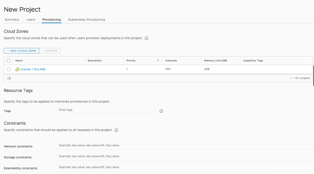 This image displays the "Provisioning" tab within the "New Project" interface of vRealize Automation 8 (vRA8) Cloud Assembly. This tab is designed for specifying the cloud zones, resource tags, and constraints that apply to deployments within the project. The "Cloud Zones" section shows a list where "vCenter / SCLABS" is listed with a priority of 1, allowing 100 instances, and having a memory limit of 256 GB. There are buttons for adding and removing cloud zones. Below this, the "Resource Tags" section allows for entering tags to be applied to machines provisioned in the project. Lastly, the "Constraints" section provides fields to specify network, storage, and extensibility constraints with example formats provided for each. The entire interface is structured to facilitate detailed configuration settings for project provisioning.