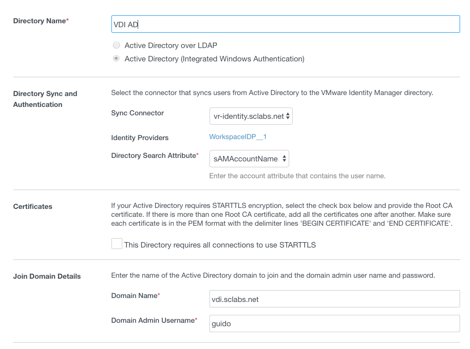 This image shows a configuration screen for setting up a directory in VMware Identity Manager, part of the vRealize Automation 8 suite. The configuration form is titled "VDI AD" and provides options to choose between "Active Directory over LDAP" and "Active Directory (Integrated Windows Authentication)." The form requires the selection of a Sync Connector, here chosen as "vr-identity.sclabs.net," and an Identity Provider labeled "WorkspaceIDP_1." Users are also required to specify the "Directory Search Attribute," set to "sAMAccountName" for user name attribute mapping. Additionally, there is a section for certificates, where users can opt for STARTTLS encryption and input Root CA certificates in PEM format. The "Join Domain Details" section at the bottom requests the domain name ("vdi.sclabs.net") and domain admin username ("guido") to join the Active Directory domain, highlighting essential settings for secure directory synchronization and authentication.