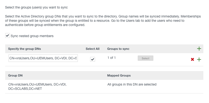 his image shows a configuration interface from VMware Identity Manager for synchronizing user groups from Active Directory. The interface provides options to select groups for synchronization. The user can choose to sync nested group members by checking the "Sync nested group members" box. Below this, there's a section labeled "Specify the group DNs" with a text field and a checkbox to select the desired group DN, in this case, "CN=vraUsers,OU=UEMUsers, DC=VDI, DC=SCLABS,DC=NET." The right side of the interface includes buttons for selecting all groups, adding new group DN configurations, and deleting existing ones. At the bottom of the interface, a table displays the "Group DN" and the corresponding "Mapped Groups" with a note that all groups in this DN are selected. This setup aids in managing which Active Directory group DN's are synced into the VMware Identity Manager environment.