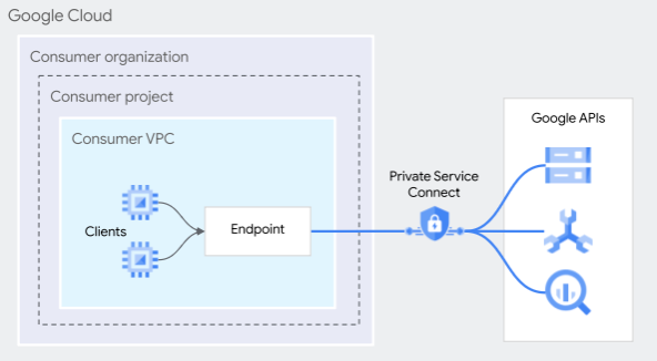 Diagram illustrating a Google Cloud landing zone setup. The diagram shows a "Consumer organization" which contains a "Consumer project" and within it, a "Consumer VPC." Inside the Consumer VPC, "Clients" are connected to an "Endpoint." This endpoint uses "Private Service Connect" to securely connect to "Google APIs." The visual representation highlights the secure and private connection between the consumer's infrastructure and Google Cloud services.