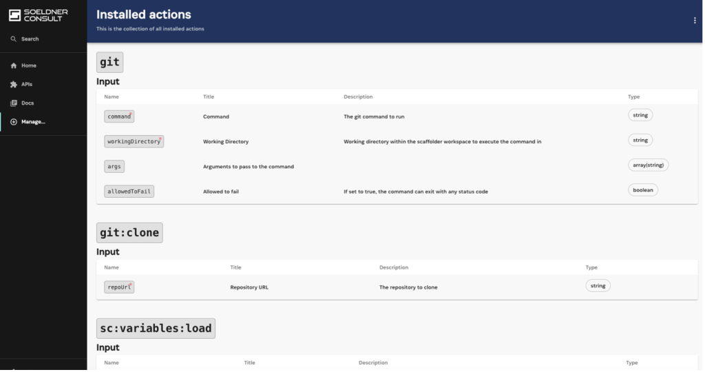 Screenshot of the "Installed Actions" page in the Soeldner Consult application. The page lists various Git-related actions with their input parameters. The "git" action includes parameters for "command," "workingDirectory," "args," and "allowedToFail." The "git
" action has an input parameter for "repoUrl," which specifies the repository URL. The "sc:variables
" action is also listed, but without specified parameters. The interface includes navigation options on the left side for Home, APIs, Docs, and Manage.